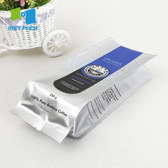 100％可堆肥FDA级安全铝箔衬里插角包装拉链顶部定制印刷可生物降解平底咖啡袋