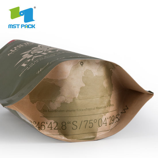 定制标志印刷站立食品包装层压棕色可生物降解咖啡袋纸牛皮纸阀门和自封